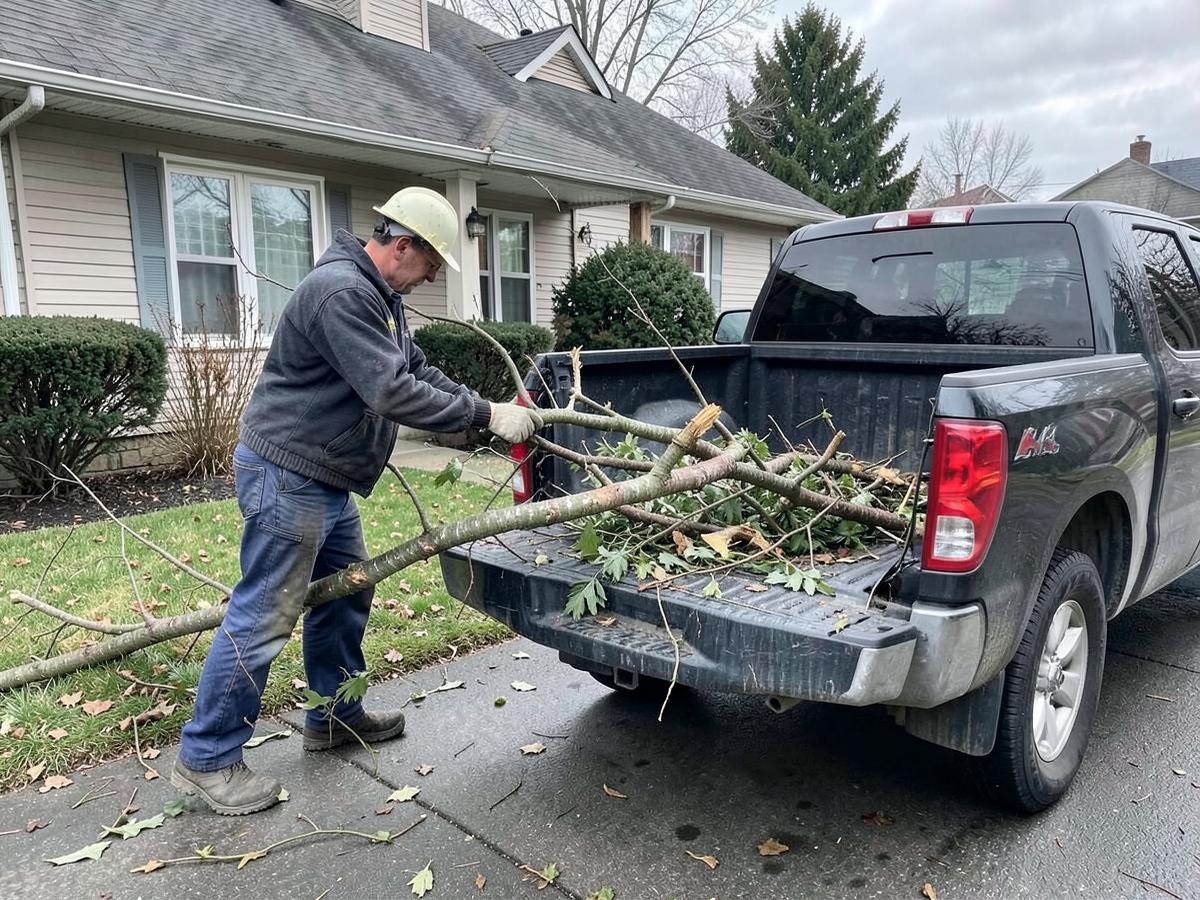 Storm debris and branches being loaded into a pickup truck