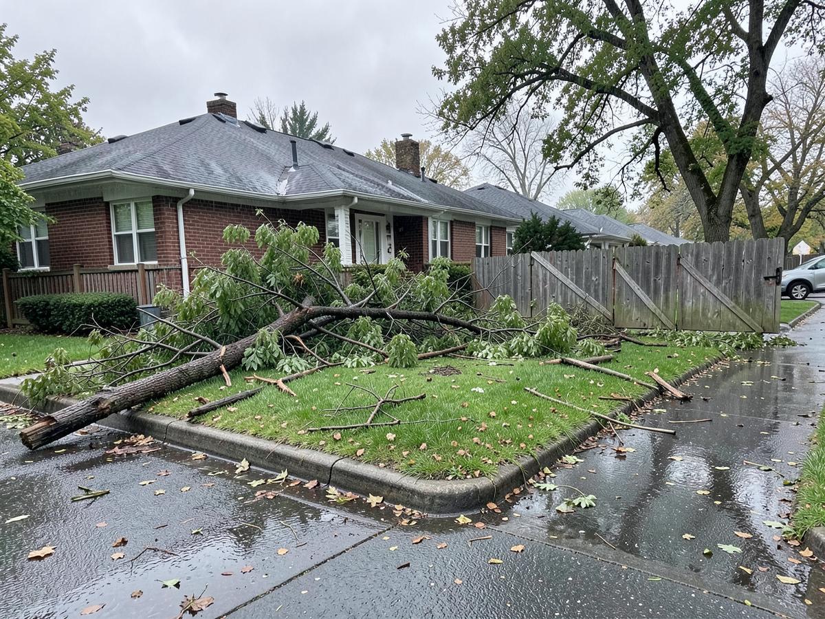 Fallen branches and yard debris outside a home after a storm