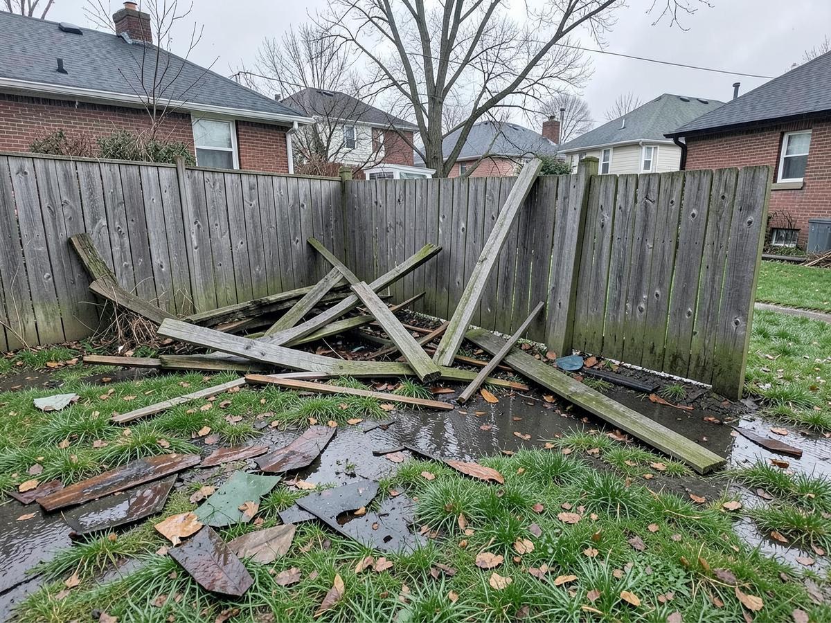 Storm-damaged wooden fence with broken boards on a residential lawn