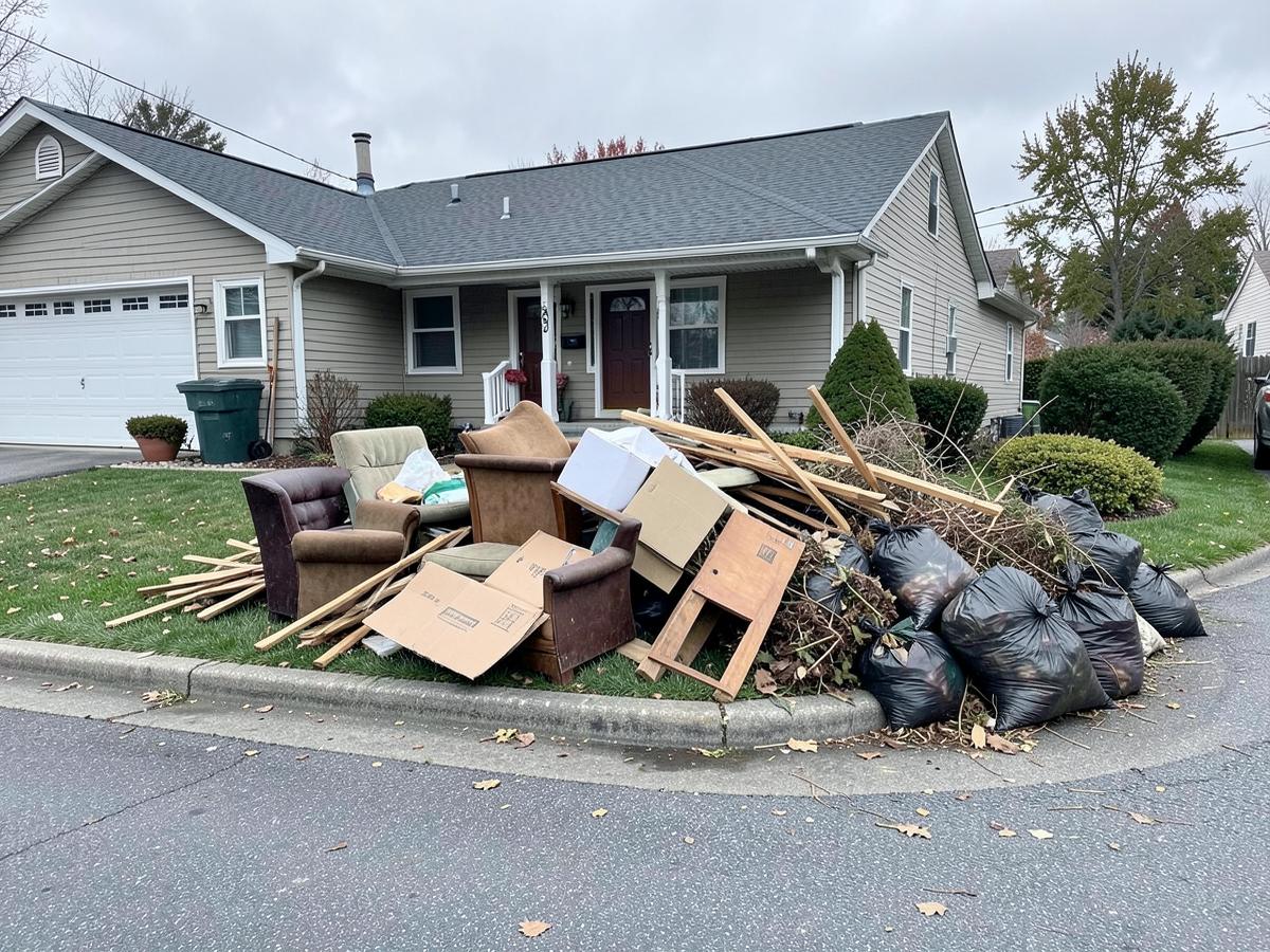 Old furniture, cardboard and bagged yard waste piled at a residential curb